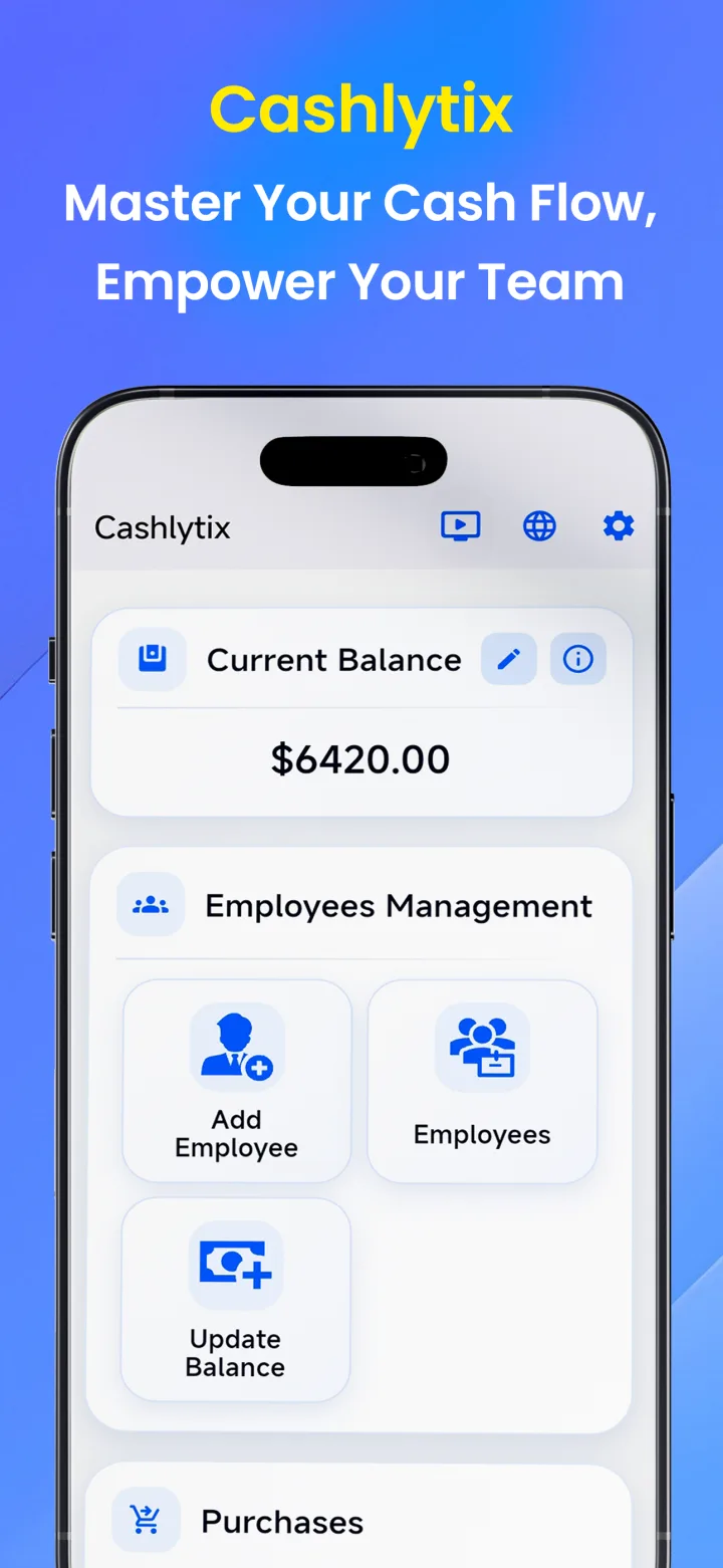 Cashlytix app dashboard for staff cash tracking, employee management, purchases and cash balance